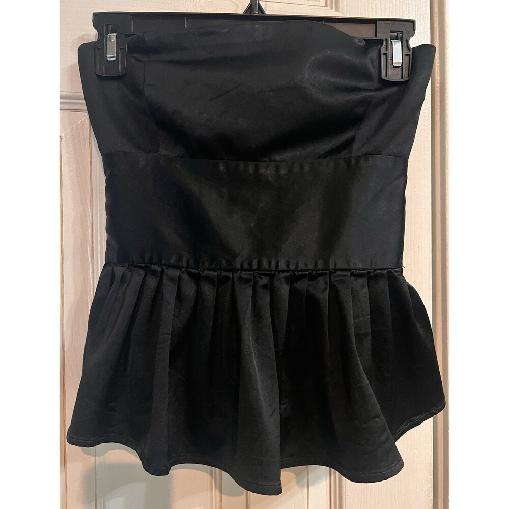 Zara Basic Black Satin Strapless Peplum Bow Back Bustier Top Size Small Y2K